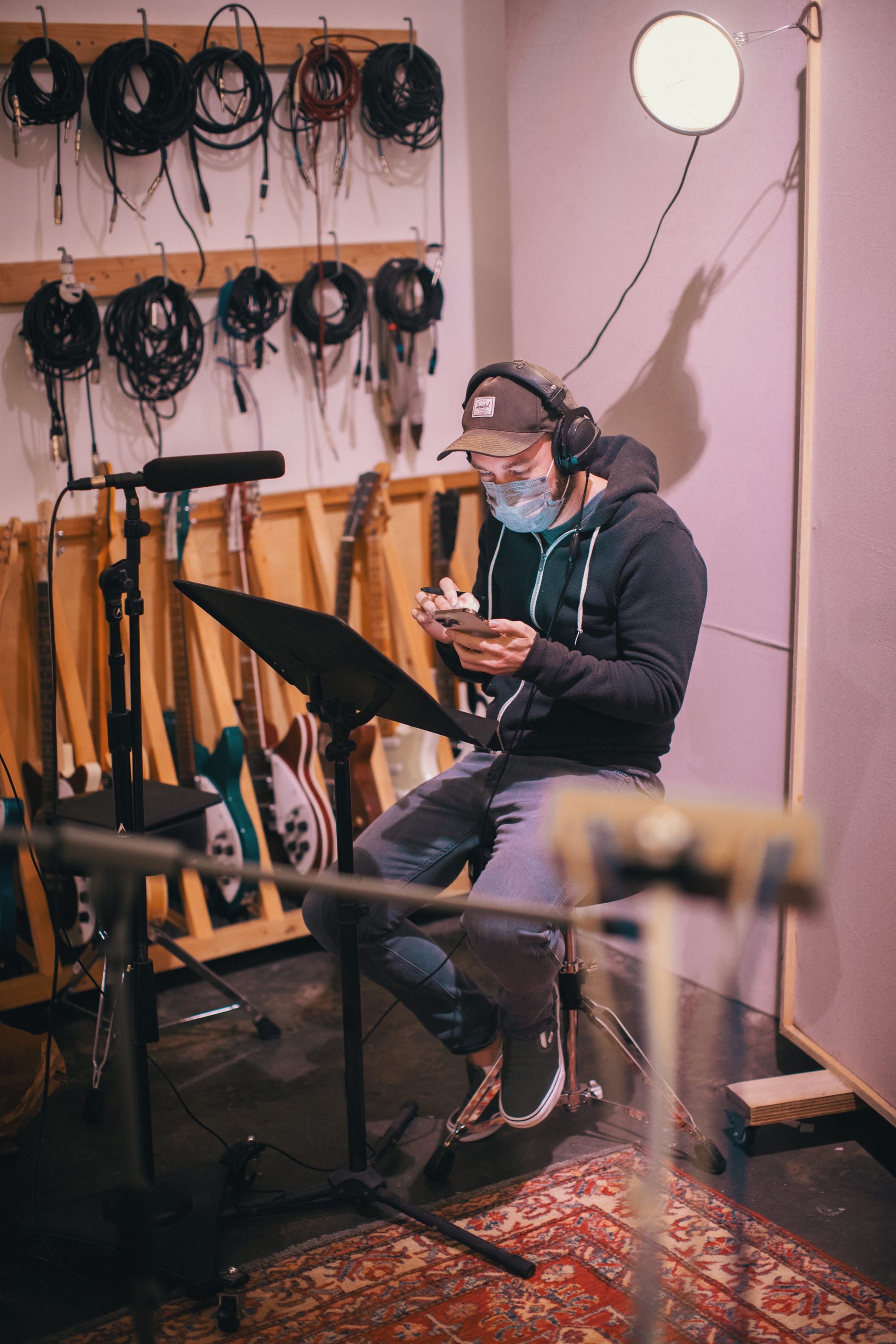 Photo of Justin McLachlan recording Our Lost Time in Los Angeles, in January 2019.